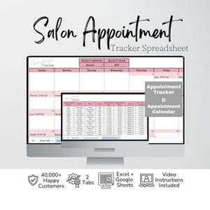 Puede incluir: Un monitor de computadora que muestra una hoja de cálculo de seguimiento de citas de salón rosa y blanco. La pantalla muestra un diseño de calendario con el texto "Appointment Tracker & Appointment Calendar". El texto adicional incluye "40.000+ clientes felices", "2 pestañas", "Excel + Google Sheets" e "Instrucciones en video incluidas".