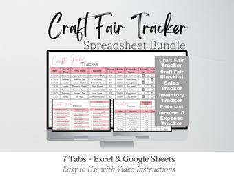 Puede incluir: Una pantalla de ordenador muestra un paquete de hojas de cálculo titulado "Craft Fair Tracker". El paquete incluye una lista de verificación, un rastreador de ventas, un rastreador de inventario, una lista de precios y un rastreador de ingresos y gastos. También se ve el texto "7 pestañas - Excel & Google Sheets".