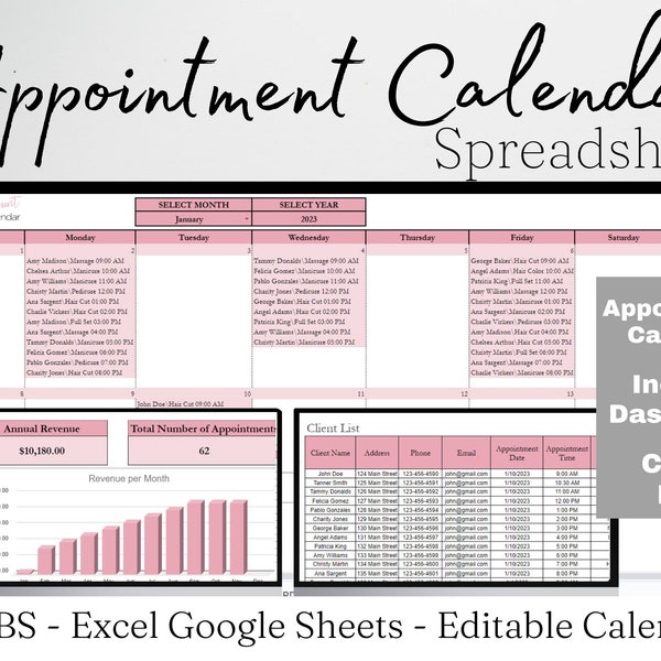 Appointment Calendar, Appointment Planner, Appointment Book Template Google Sheets, Booking Calendar, Booking Template Excel Spreadsheet