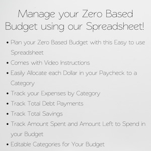 May include: White background with black text promoting a spreadsheet for zero-based budgeting. The text reads "Manage your Zero Based Budget using our Spreadsheet!" and lists features like expense tracking and editable categories.