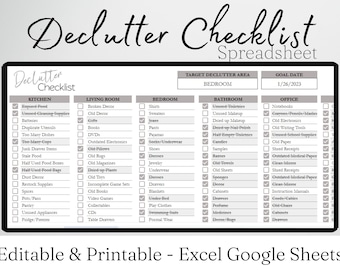 Declutter List, Home Organizer, Declutter Tracker Purge Checklist, Editable Cleaning Schedule, Decluttering Home, Declutter Excel Template