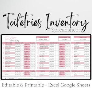 Inventario dei prodotti da toeletta, Elenco dei prodotti da toeletta da viaggio, Pianificatore dell'inventario domestico, Modello di elenco di controllo dei prodotti da toeletta Excel Fogli Google