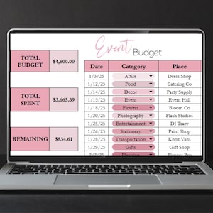 May include: A laptop screen displays an event budget spreadsheet. The spreadsheet has columns for date, category, and place, with categories like attire, food, and decor. The total budget is $4,500.00, with $3,665.39 spent and $834.61 remaining.