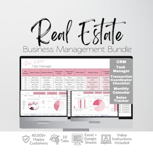 May include: A Real Estate Business Management Bundle displayed on a computer screen, featuring a task manager, CRM, transaction coordinator checklist, monthly calendar, and sales tracker with pink and white charts and tables for Excel and Google Sheets.