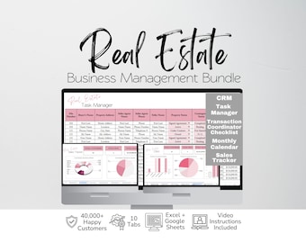 Real Estate Management Template Bundle, Transaction Checklist, Bookkeeping, Realtor Sales Tracker, Realtor CRM, Calendar, Excel Spreadsheet