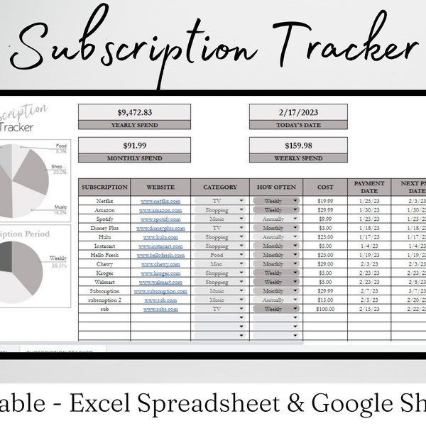 Abonnements Tracker Excel-Tabelle, Abonnement-Tracker zum Ausdrucken, Abonnements-Tracker, Abonnementvorlage Abonnement-Tracker