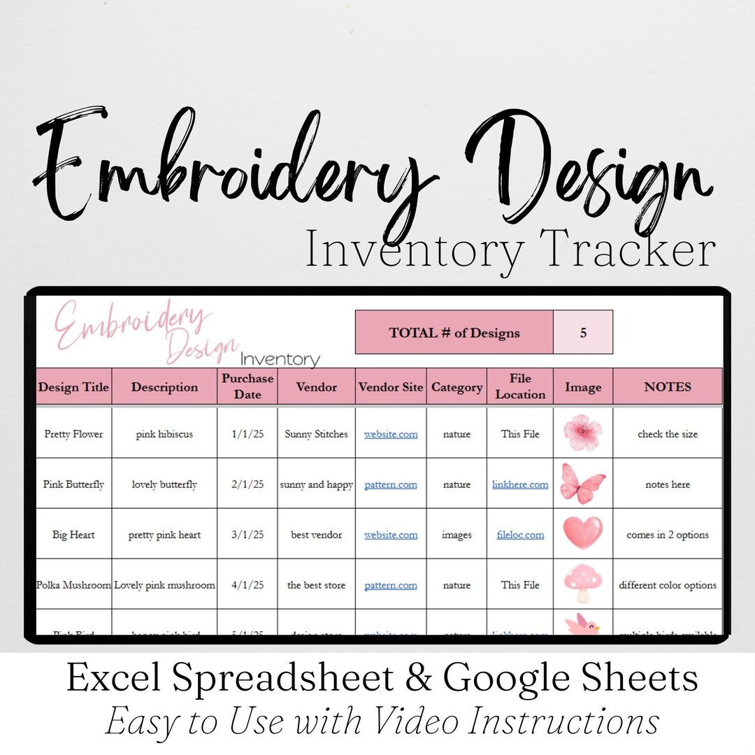 Embroidery Design Inventory Tracker Spreadsheet, Embroidery Business ...