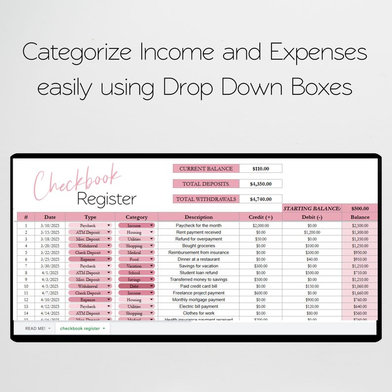 May include: A digital checkbook register spreadsheet template with pink headers and drop-down boxes. The text reads Categorize Income and Expenses easily using Drop Down Boxes and Checkbook Register, displaying columns for date, type, category, description, credit, debit, and balance.