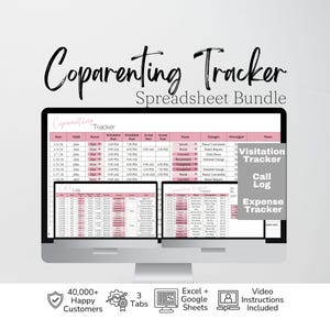 May include: A digital Coparenting Tracker Spreadsheet Bundle displayed on a computer monitor. The interface features pink and white tables for tracking visitation, calls, and expenses. Text includes Visitation Tracker, Call Log, and Expense Tracker.