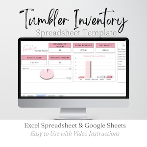 Könnte beinhalten: Ein Computermonitor zeigt eine Tabellenvorlage mit dem Titel "Tumbler Inventory". Der Bildschirm zeigt Datenfelder für Bestellungen, Einnahmen und Gewinn, mit einem Kreisdiagramm und einem Balkendiagramm. Der Text unten lautet "Excel Spreadsheet & Google Sheets".