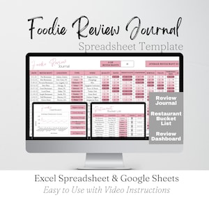 Foodie Review Journal, Favorite Restaurant Tracker, Food & Eating Out Planner, Restaurant Bucket List Google Sheets