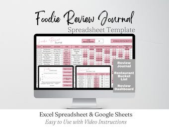 Foodie Review Journal, Favorite Restaurant Tracker, Food & Eating Out Planner, Restaurant Bucket List Google Sheets