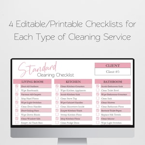 May include: A computer monitor displays a pink and white cleaning checklist. The checklist is divided into sections for the living room, kitchen, and bathroom, with checkboxes for various cleaning tasks. The title reads "Standard Cleaning Checklist."
