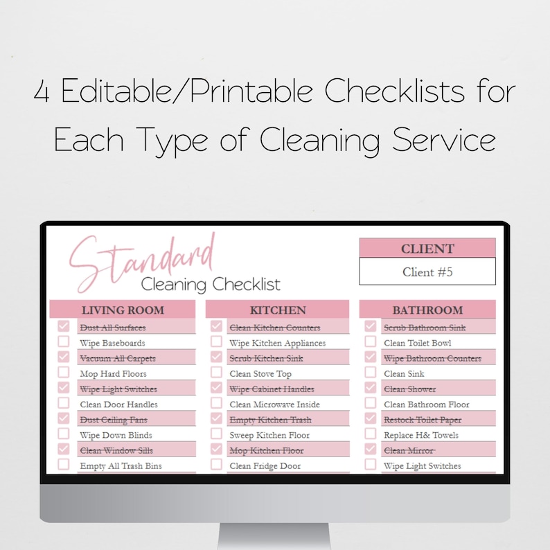 May include: A computer monitor displays a pink and white cleaning checklist. The checklist is divided into sections for the living room, kitchen, and bathroom, with checkboxes for various cleaning tasks. The title reads "Standard Cleaning Checklist."