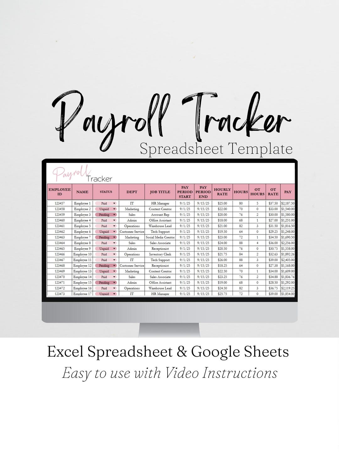 Payroll Template, Employee Payroll Tracker, HR Spreadsheet Google ...
