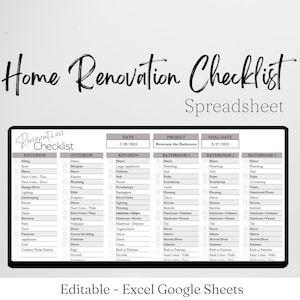 Lista de verificación de renovación, hoja de cálculo de renovación del hogar, lista de verificación de remodelación del hogar, remodelación de la cocina, remodelación del baño, diseño de interiores Excel Google
