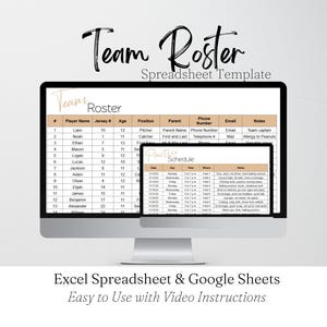 Könnte beinhalten: Ein Computermonitor zeigt eine "Team-Roster-Tabellenvorlage". Die Tabelle enthält Spielernamen, Trikotnummern, Alter und Positionen. Ein kleinerer Bildschirm zeigt einen "Trainingsplan".