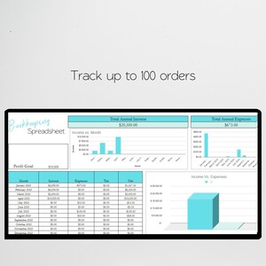 May include: A bookkeeping spreadsheet with a blue and green color scheme. The spreadsheet tracks income and expenses for each month of the year. The spreadsheet also includes a bar graph showing income vs. month and a bar graph showing income vs. expenses.
