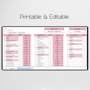 May include: A printable checklist for baby essentials, with categories for travel, bedroom, and clothing. The checklist includes items like diapers, wipes, crib, changing table, onesies, and pajamas. The checklist is pink and white with a pink border.