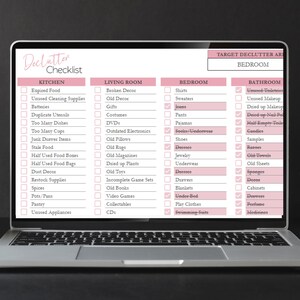 May include: A checklist for decluttering different areas of a home, including the kitchen, living room, bedroom, and bathroom. The checklist is organized by room and includes a variety of items to declutter, such as expired food, old decor, clothes, and toiletries.
