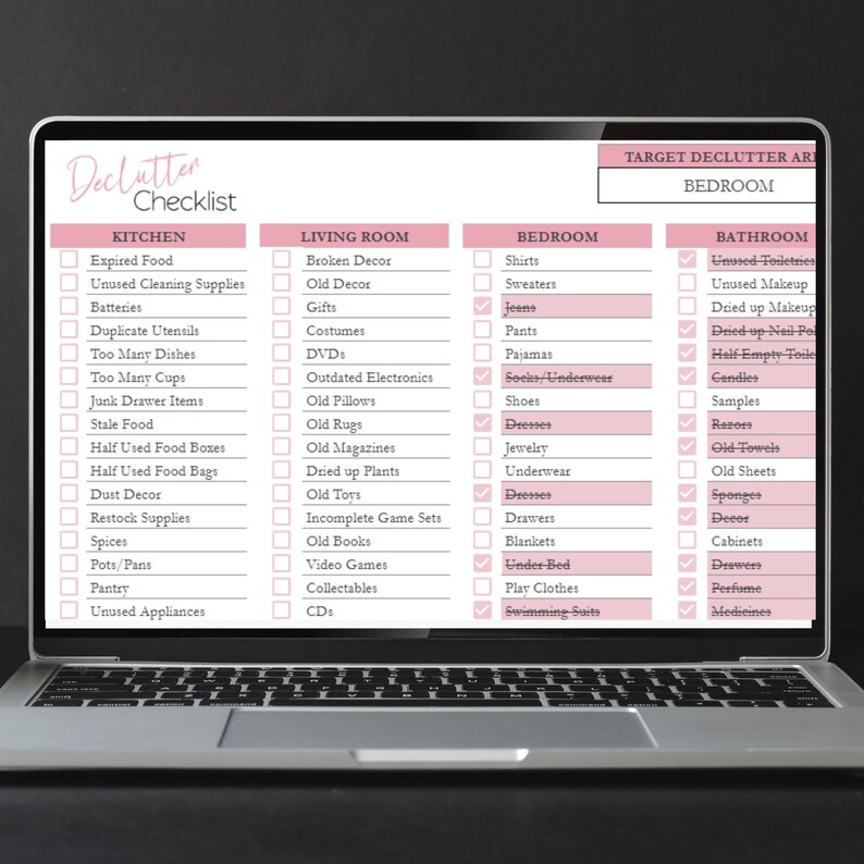 May include: A checklist for decluttering different areas of a home, including the kitchen, living room, bedroom, and bathroom. The checklist is organized by room and includes a variety of items to declutter, such as expired food, old decor, clothes, and toiletries.