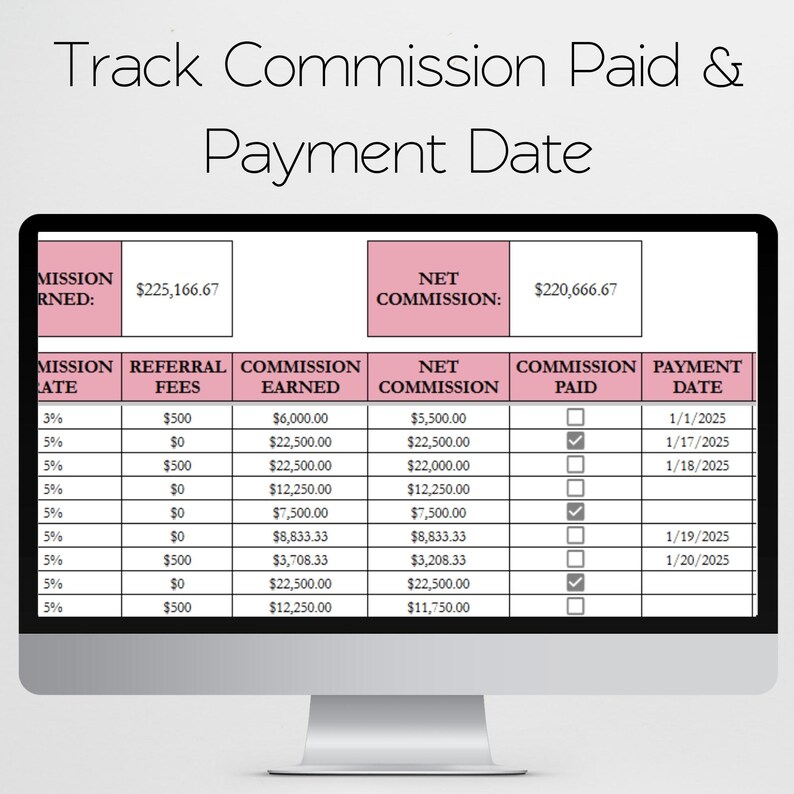May include: A computer monitor displaying a digital spreadsheet titled Track Commission Paid & Payment Date. The table includes columns for commission rate, referral fees, commission earned, net commission, commission paid checkboxes, and payment dates.