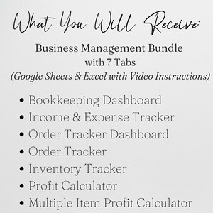 May include: A digital business management bundle for Google Sheets and Excel with video instructions. The list includes a bookkeeping dashboard, income and expense tracker, order tracker dashboard, order tracker, inventory tracker, profit calculator, and multiple item profit calculator.