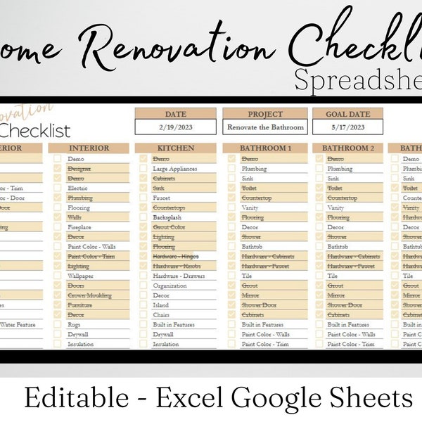 Home Renovation Spreadsheet, Home Remodel Checklist, Kitchen Renovation, Bathroom Renovation, Interior Design Checklist Excel Google Sheets