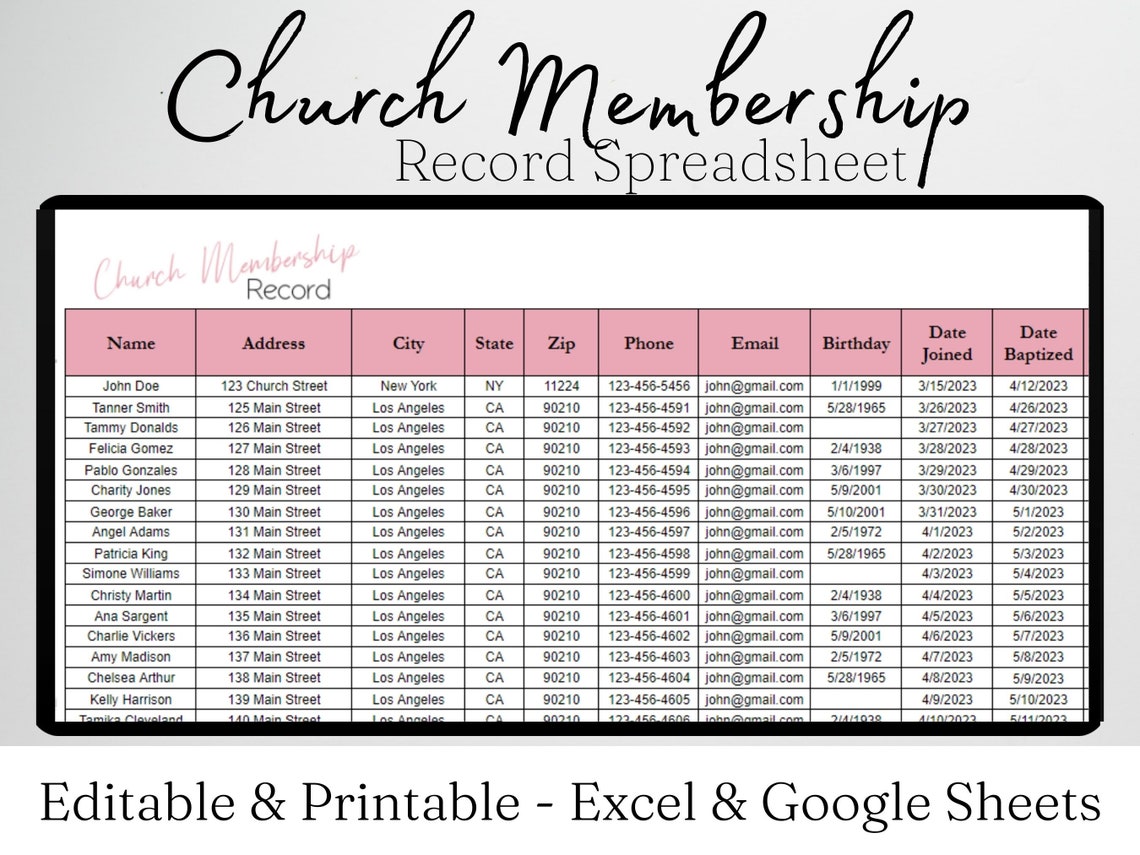 Church Membership Directory Template Excel Spreadsheet Church - Etsy