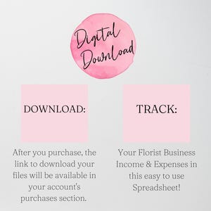 K&ouml;nnte beinhalten: Digitaler Download-Grafik mit dem Text "Digital Download" in einem rosa Kreis. Zwei rosa Rechtecke darunter lauten "DOWNLOAD:" und "TRACK:". Text erkl&auml;rt, wie man Einnahmen und Ausgaben eines Floristenunternehmens herunterl&auml;dt und verfolgt.