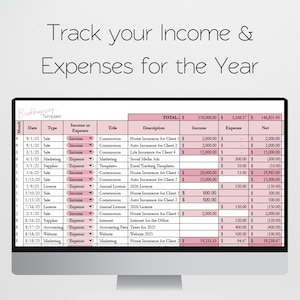 May include: A computer monitor displays a bookkeeping template with a pink and white color scheme. The spreadsheet tracks income and expenses, with columns for date, type, title, description, income, expense, and net amounts. The text "Track your Income & Expenses for the Year" is at the top.