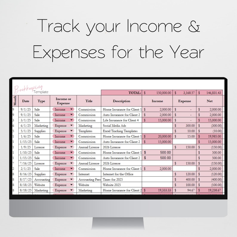 May include: A computer monitor displays a bookkeeping template with a pink and white color scheme. The spreadsheet tracks income and expenses, with columns for date, type, title, description, income, expense, and net amounts. The text "Track your Income & Expenses for the Year" is at the top.