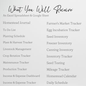 May include: A list of printable trackers and worksheets for homesteading, including a homestead journal, to-do list, planting schedule, plant and harvest tracker, livestock management, crop rotation tracker, maintenance tracker, production tracker, income and expense dashboard, income and expense tracker, farmer's market tracker, egg incubation tracker, seed inventory, freezer inventory, canning inventory, inventory tracker, seed testing, mileage tracker, homestead calendar, and daily schedule.