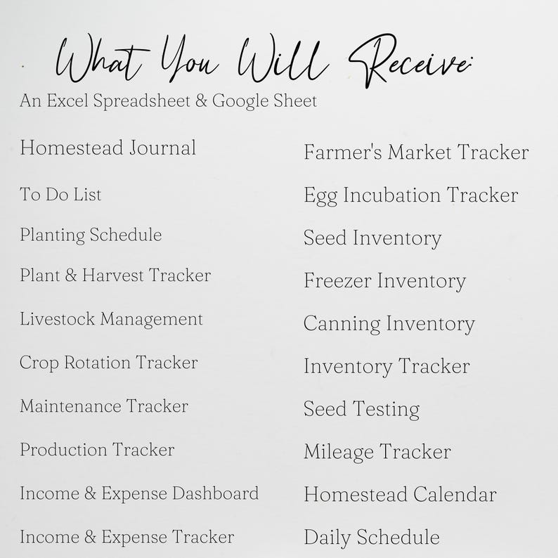 May include: A list of printable trackers and worksheets for homesteading, including a homestead journal, to-do list, planting schedule, plant and harvest tracker, livestock management, crop rotation tracker, maintenance tracker, production tracker, income and expense dashboard, income and expense tracker, farmer's market tracker, egg incubation tracker, seed inventory, freezer inventory, canning inventory, inventory tracker, seed testing, mileage tracker, homestead calendar, and daily schedule.