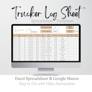 Könnte beinhalten: Ein Computermonitor zeigt eine Tabellenvorlage "Trucker Log Sheet". Die Tabelle enthält Spalten für Fahrername, LKW-Nummer, Spediteur, Beifahrer, Start- und Endzeiten sowie Orte. Der Text "Excel Spreadsheet & Google Sheets" ist sichtbar.