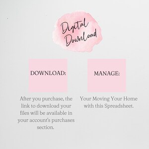 May include: A digital download informational graphic featuring a pink watercolor splash with the text Digital Download. Below are two pink squares labeled DOWNLOAD and MANAGE, with instructions explaining how to access and use the spreadsheet file.