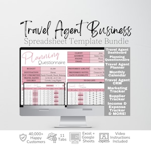 May include: A digital travel agent business spreadsheet template bundle displayed on a computer monitor. The screen shows a pink and white planning questionnaire and tracking tables. Text includes Travel Agent Business Spreadsheet Template Bundle.