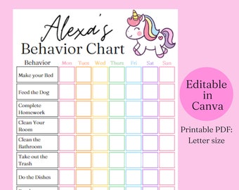 May include: A printable behavior chart for kids featuring a unicorn illustration. The chart has a rainbow color scheme and includes a list of daily tasks such as making the bed, feeding the dog, completing homework, cleaning the room, and taking a shower. The chart is editable in Canva and printable in letter size.