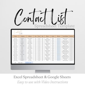 Contact List Excel Spreadsheet, Contact List Google Sheet, Contacts List, Contact Information, Contact Sheet, Contact Book Digital