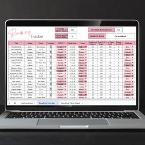 May include: A laptop screen displays a pink and white reading tracker spreadsheet. The spreadsheet lists book titles, authors, series, and completion status, with columns for genre, pages, and ratings. The text "Reading Tracker" is at the top.
