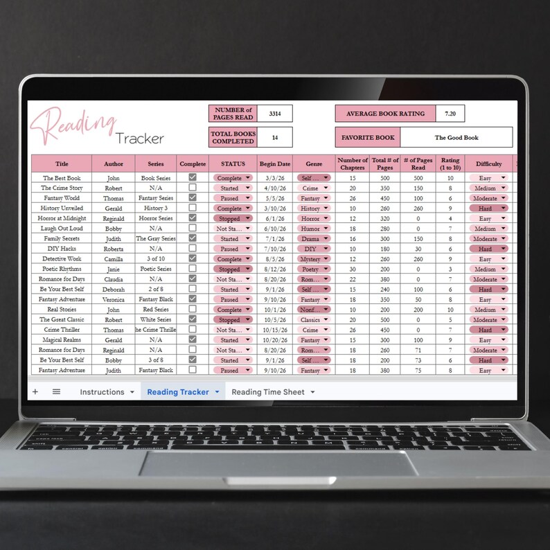 May include: A laptop screen displays a pink and white reading tracker spreadsheet. The spreadsheet lists book titles, authors, series, and completion status, with columns for genre, pages, and ratings. The text "Reading Tracker" is at the top.