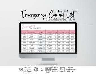 Emergency Contact List Template Google Sheets & Excel Spreadsheet, Information Sheet, Digital Form Printable and Editable