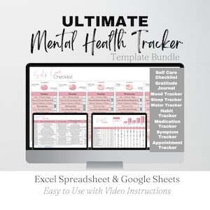 Modello di foglio di calcolo Excel per il monitoraggio della salute mentale, diario di auto-cura giornaliero, elenco di controllo dell'umore, registro del benessere, sintomi, abitudine alla gratitudine, fogli di calcolo Google