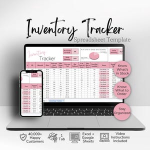 Può includere: Un computer portatile e uno smartphone mostrano un modello di foglio di calcolo Inventory Tracker con intestazioni rosa e colonne di dati. Lo schermo mostra tabelle, un grafico a torta e testo, tra cui Inventory Tracker, Know What's in Stock.