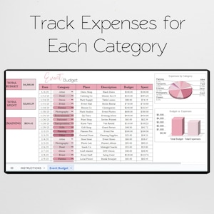 May include: A spreadsheet titled "Event Budget" with columns for date, category, description, and budget. The top of the image reads "Track Expenses for Each Category."