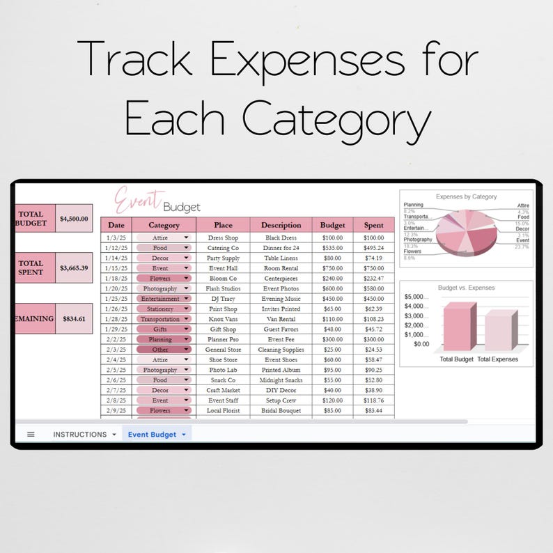 May include: A spreadsheet titled "Event Budget" with columns for date, category, description, and budget. The top of the image reads "Track Expenses for Each Category."