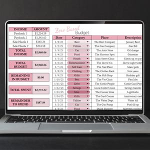 May include: A laptop screen displaying a "Zero Based Budget" spreadsheet. The spreadsheet shows income, expenses, and remaining funds, with categories like rent, utilities, and food. The screen is open on a silver laptop.
