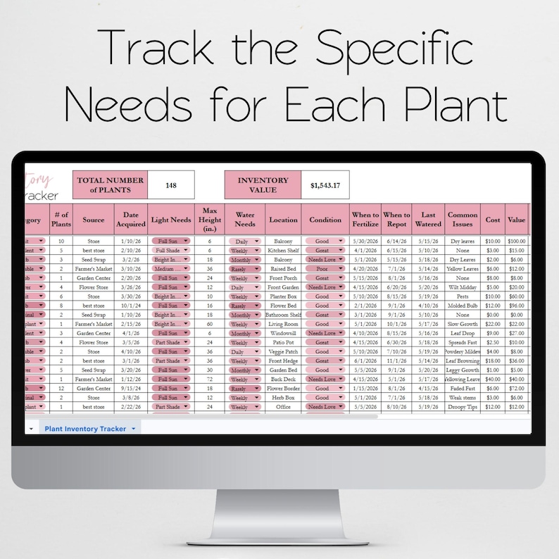 May include: A computer monitor displaying a digital plant inventory tracker spreadsheet with pink headers. The text reads Track the Specific Needs for Each Plant, Total Number of Plants 148, and Inventory Value $1,543.17, with columns for light, water, and cost.