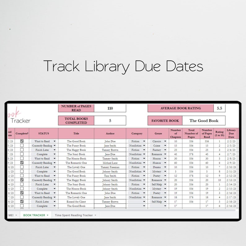 Op de afbeelding: Een roze en witte printbare boektracker met de titel "Track Library Due Dates". De tracker bevat kolommen voor boektitel, auteur, categorie, genre, aantal hoofdstukken, totaal aantal pagina's, aantal gelezen pagina's, beoordeling en bibliotheek vervaldatum. De tracker bevat ook een sectie voor het totale aantal gelezen pagina's en het totale aantal voltooide boeken.