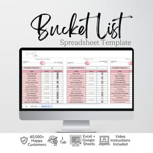 May include: A computer monitor displaying a Bucket List Spreadsheet Template with pink and white columns for tracking experiences, tasks, and places. The screen shows checkboxes, dates, and progress charts. Below are icons for 40,000+ customers, Excel, Google Sheets, and video instructions.